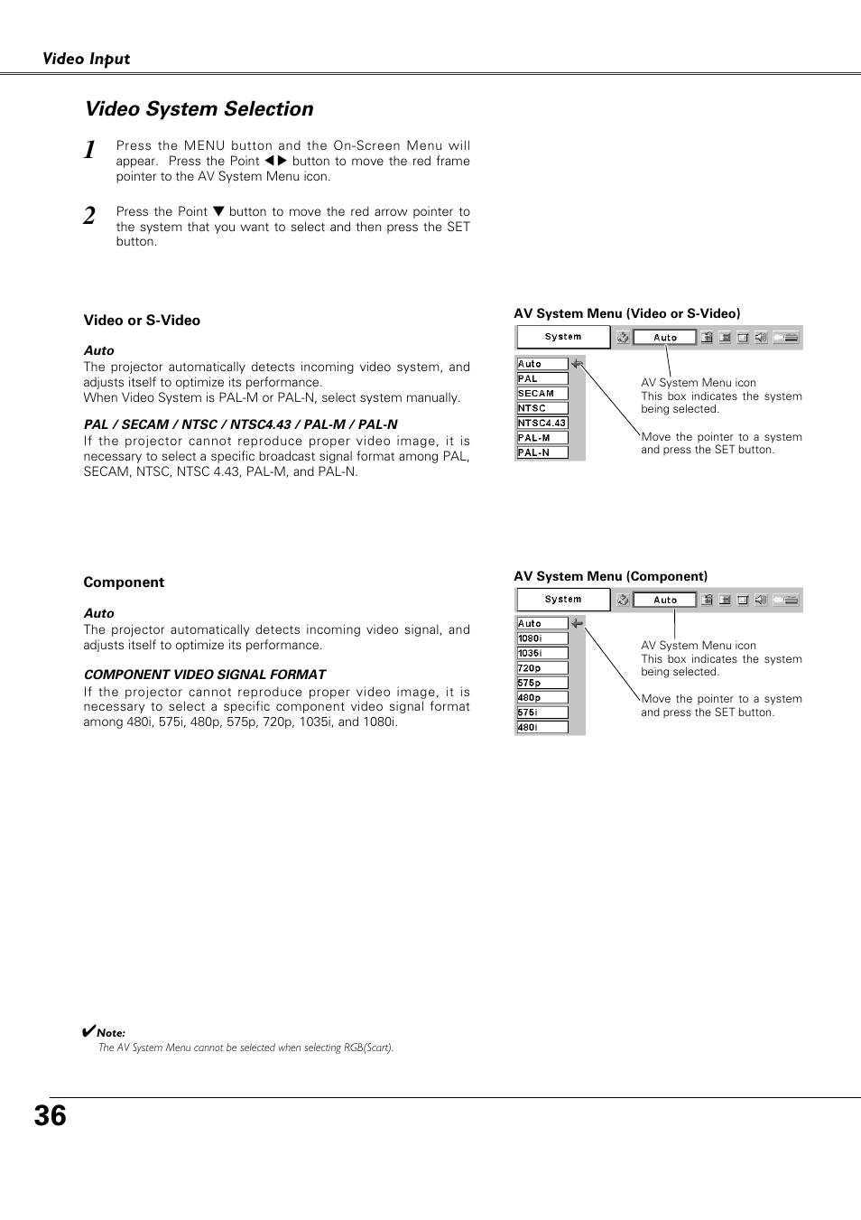 Video system selection, Video input | Canon LV-X4 LV-7230 User Manual | Page 36 / 64