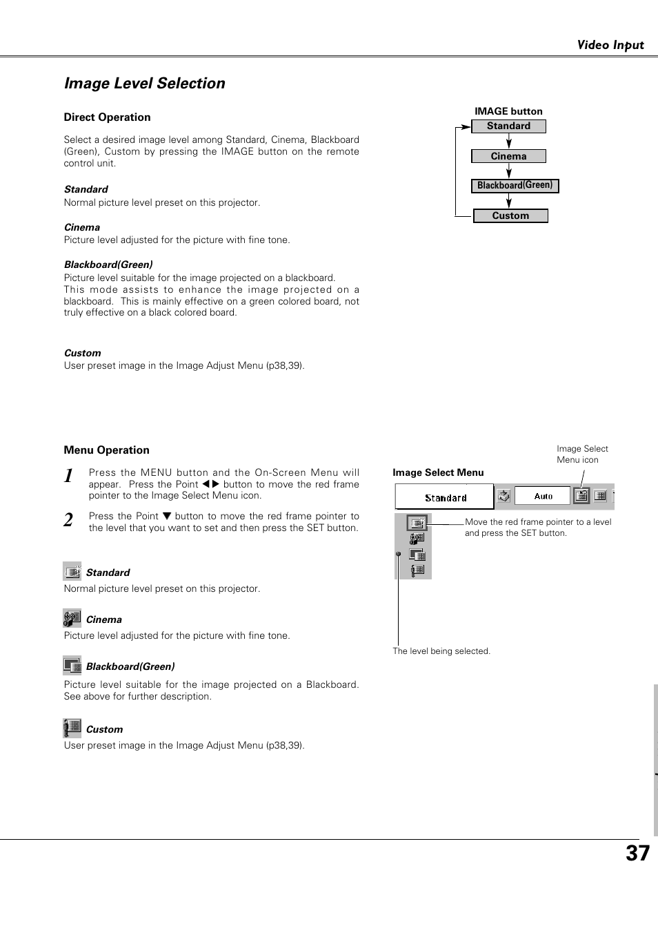 Image level selection, Video input | Canon LV-X4 LV-7230 User Manual | Page 37 / 64