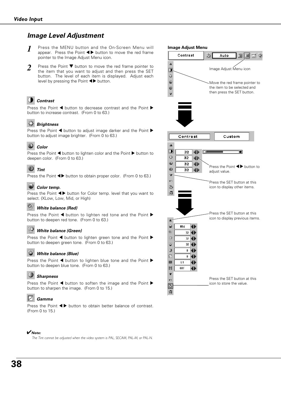 Image level adjustment, Video input | Canon LV-X4 LV-7230 User Manual | Page 38 / 64