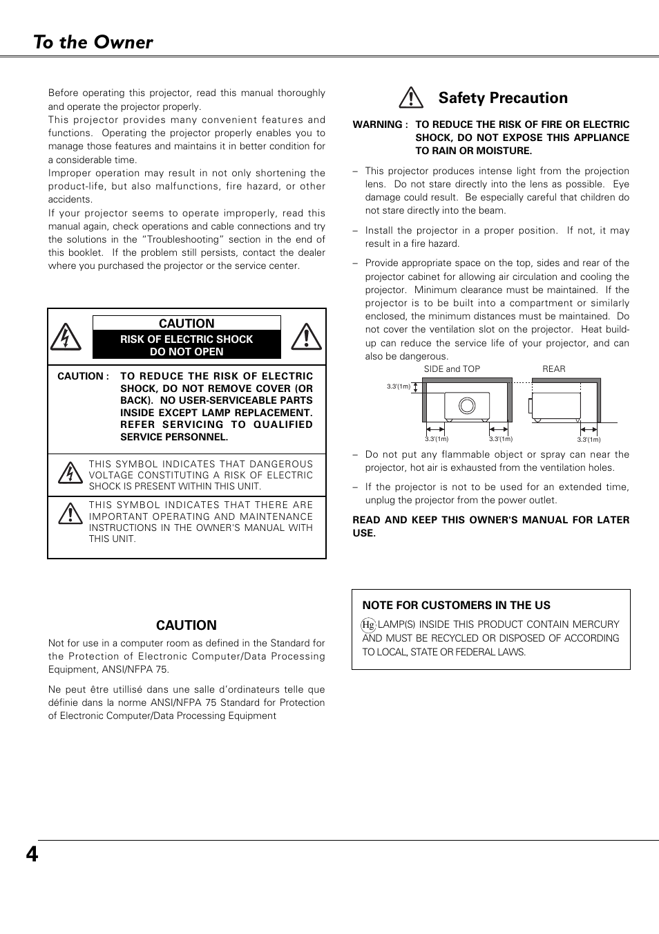 To the owner, Safety precaution, Caution | Canon LV-X4 LV-7230 User Manual | Page 4 / 64