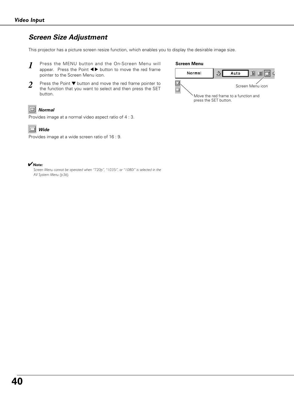 Screen size adjustment | Canon LV-X4 LV-7230 User Manual | Page 40 / 64