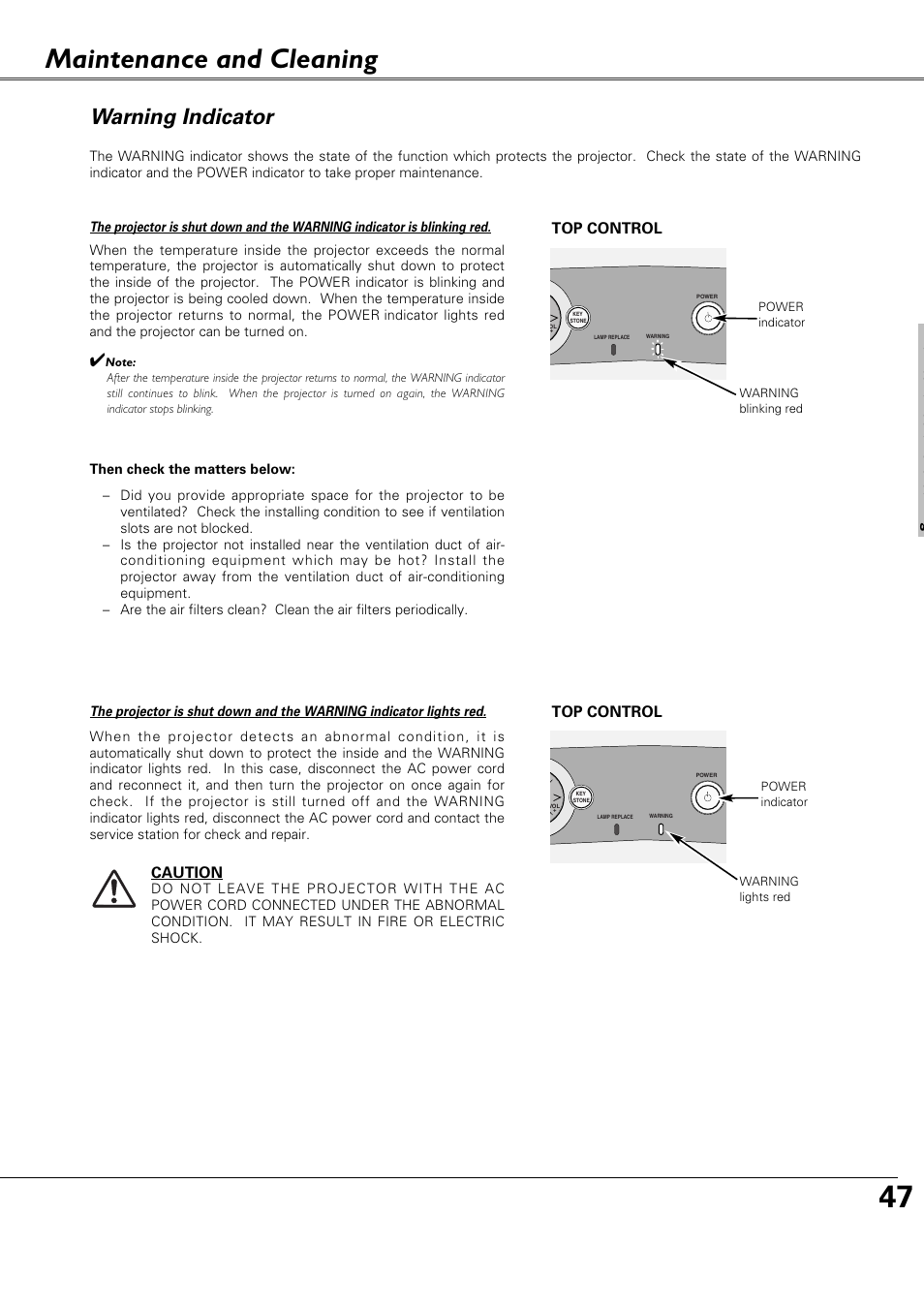 Maintenance and cleaning, Warning indicator, At eac e a dc e a g | Canon LV-X4 LV-7230 User Manual | Page 47 / 64