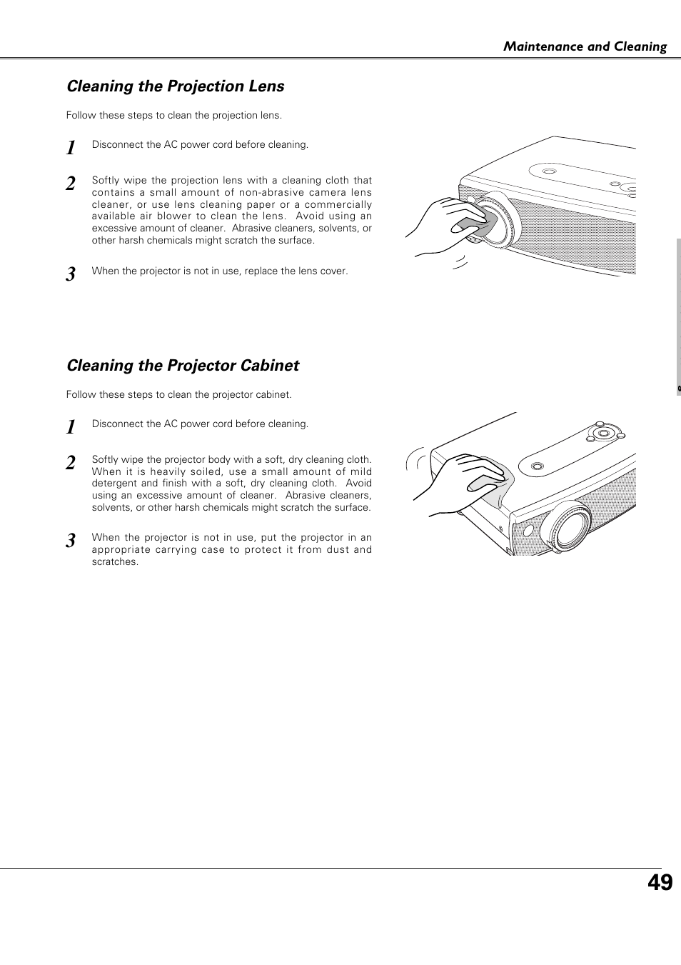 Cleaning the projection lens, Cleaning the projector cabinet | Canon LV-X4 LV-7230 User Manual | Page 49 / 64