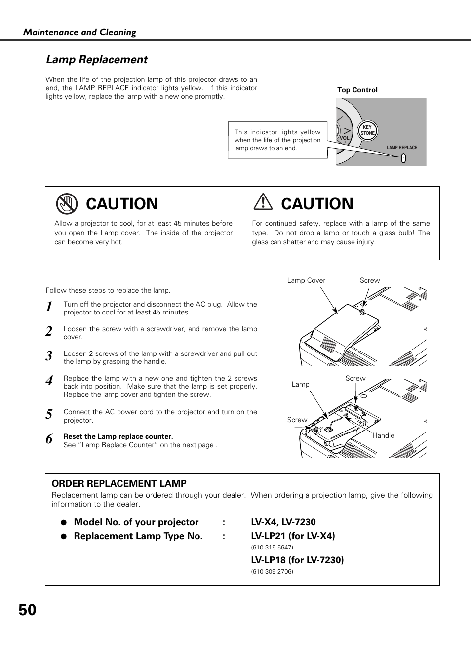 Lamp replacement, Caution | Canon LV-X4 LV-7230 User Manual | Page 50 / 64