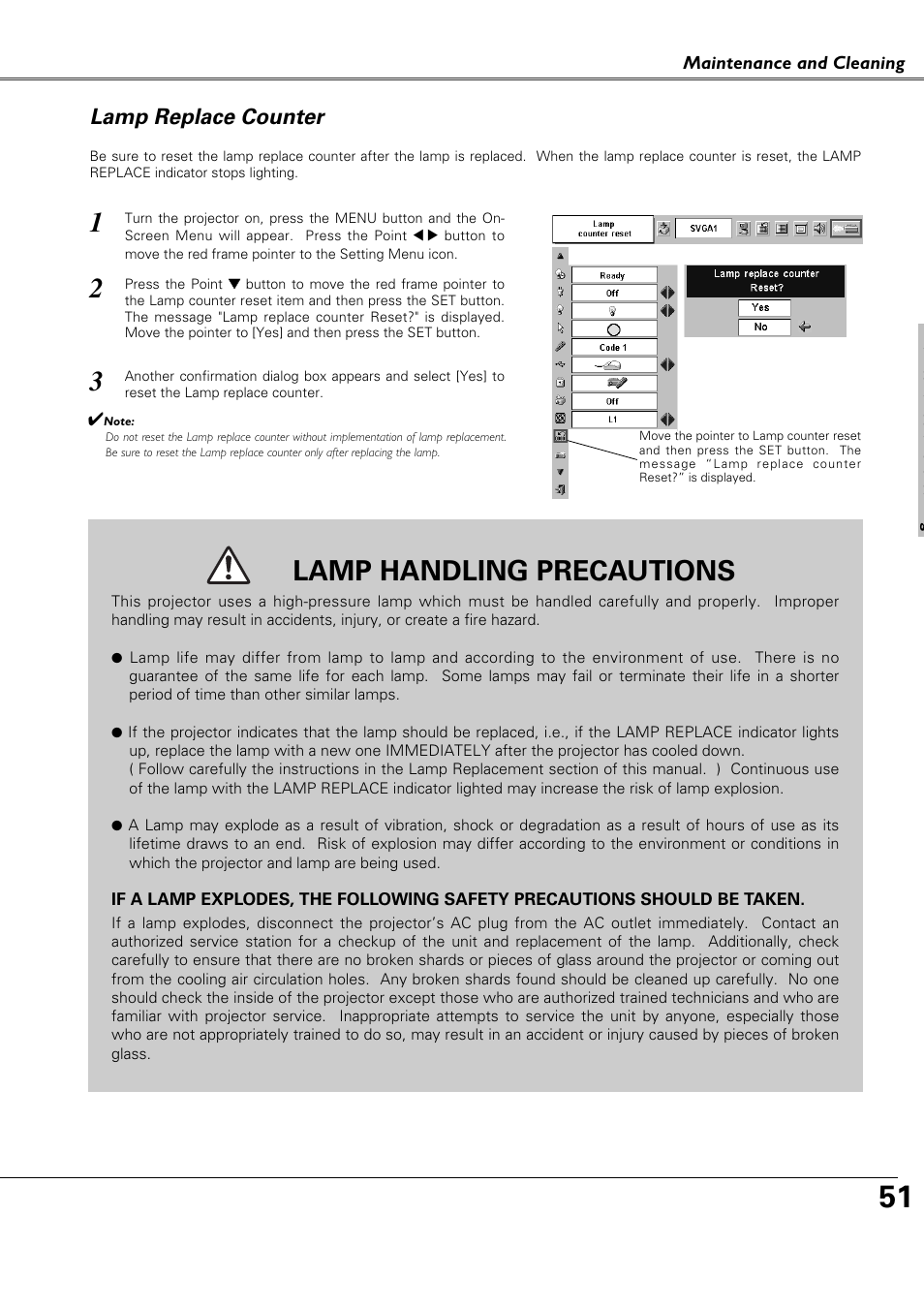 Lamp replace counter, Lamp handling precautions | Canon LV-X4 LV-7230 User Manual | Page 51 / 64