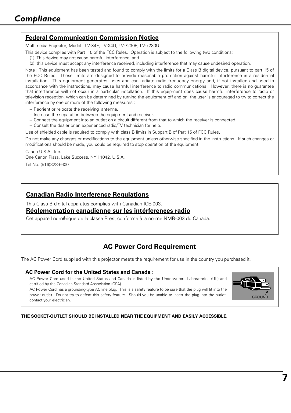 Compliance, Ac power cord requirement, Federal communication commission notice | Canadian radio interference regulations | Canon LV-X4 LV-7230 User Manual | Page 7 / 64