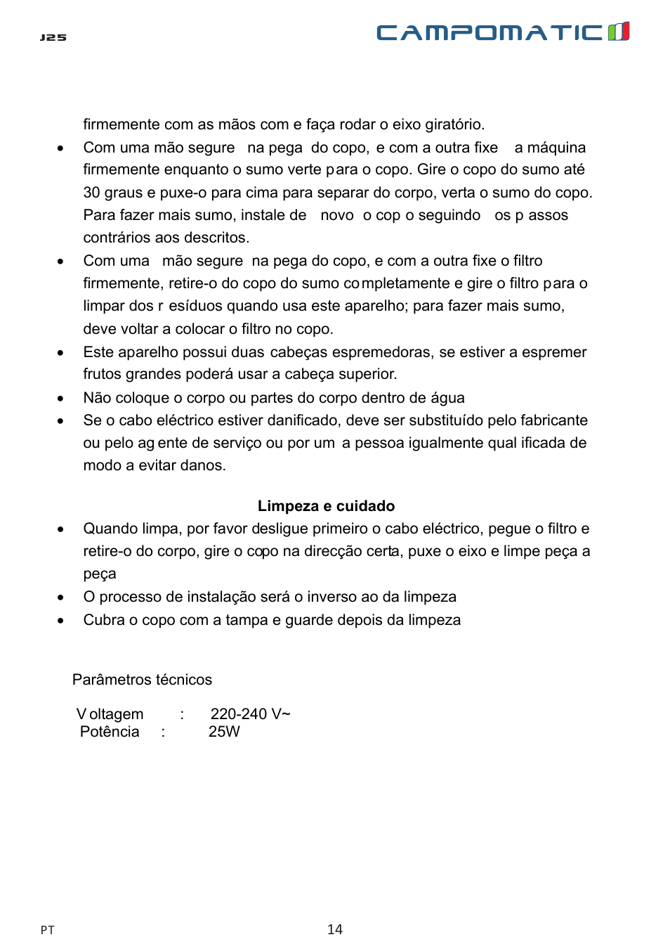 Campomatic J25 User Manual | Page 14 / 26