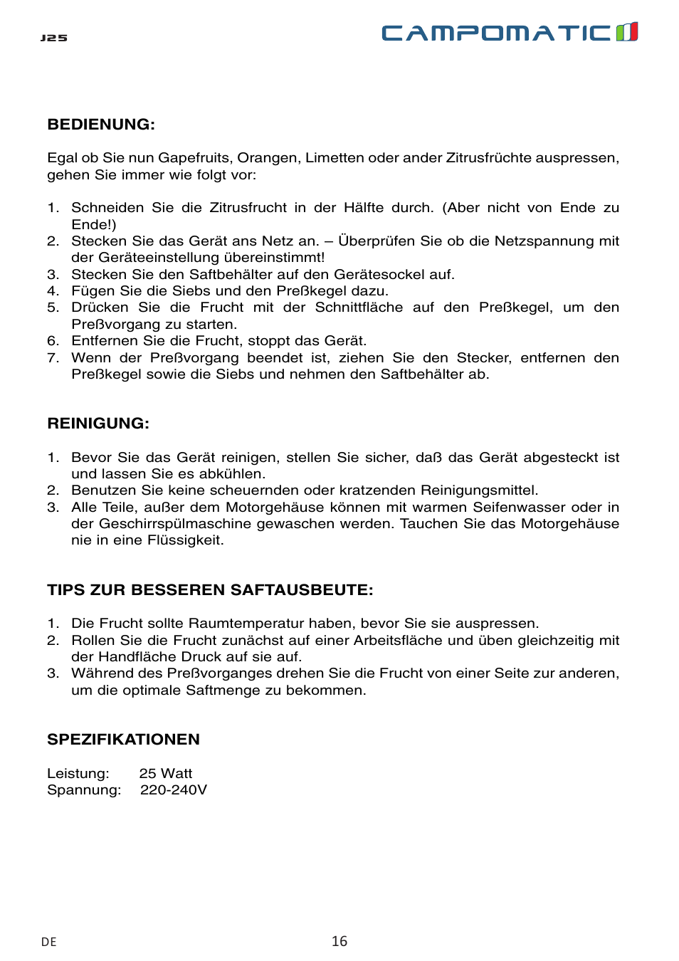 Campomatic J25 User Manual | Page 16 / 26