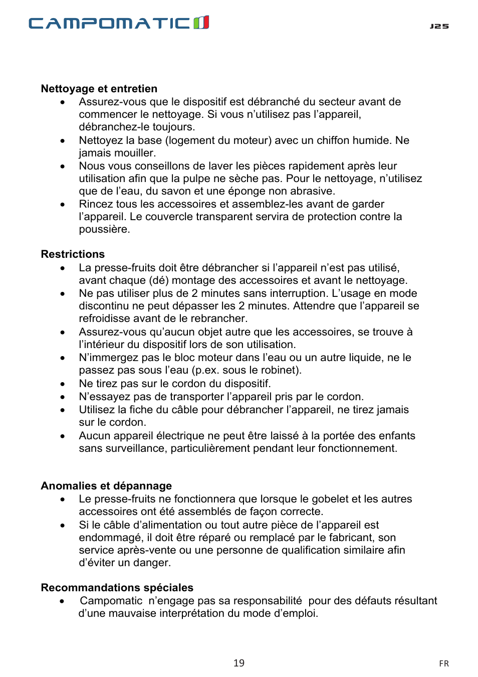 Campomatic J25 User Manual | Page 19 / 26