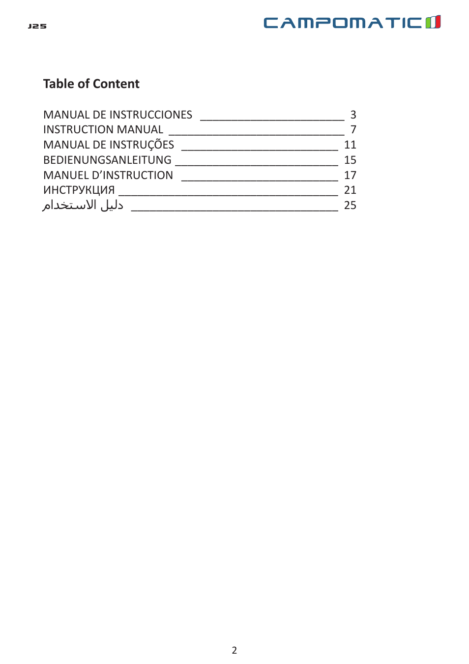 Campomatic J25 User Manual | Page 2 / 26