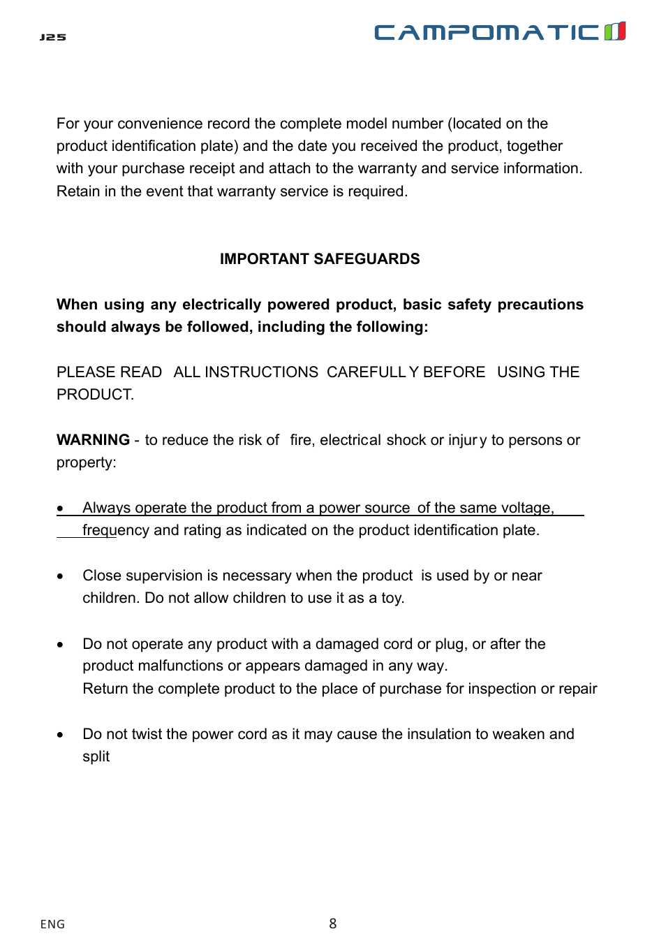 Campomatic J25 User Manual | Page 8 / 26