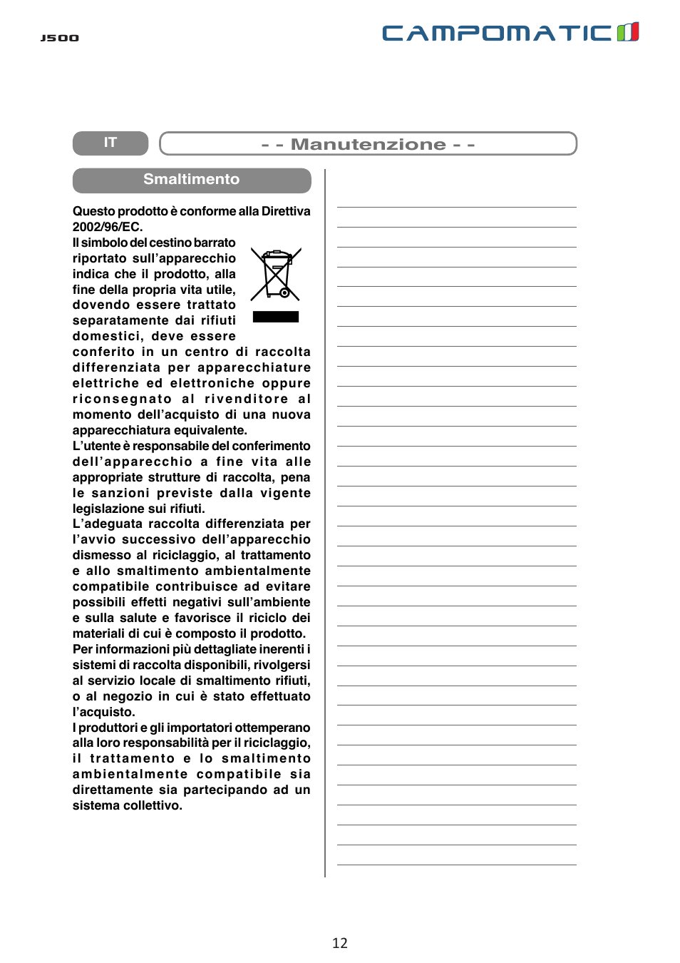 J500 | Campomatic J500 User Manual | Page 12 / 48