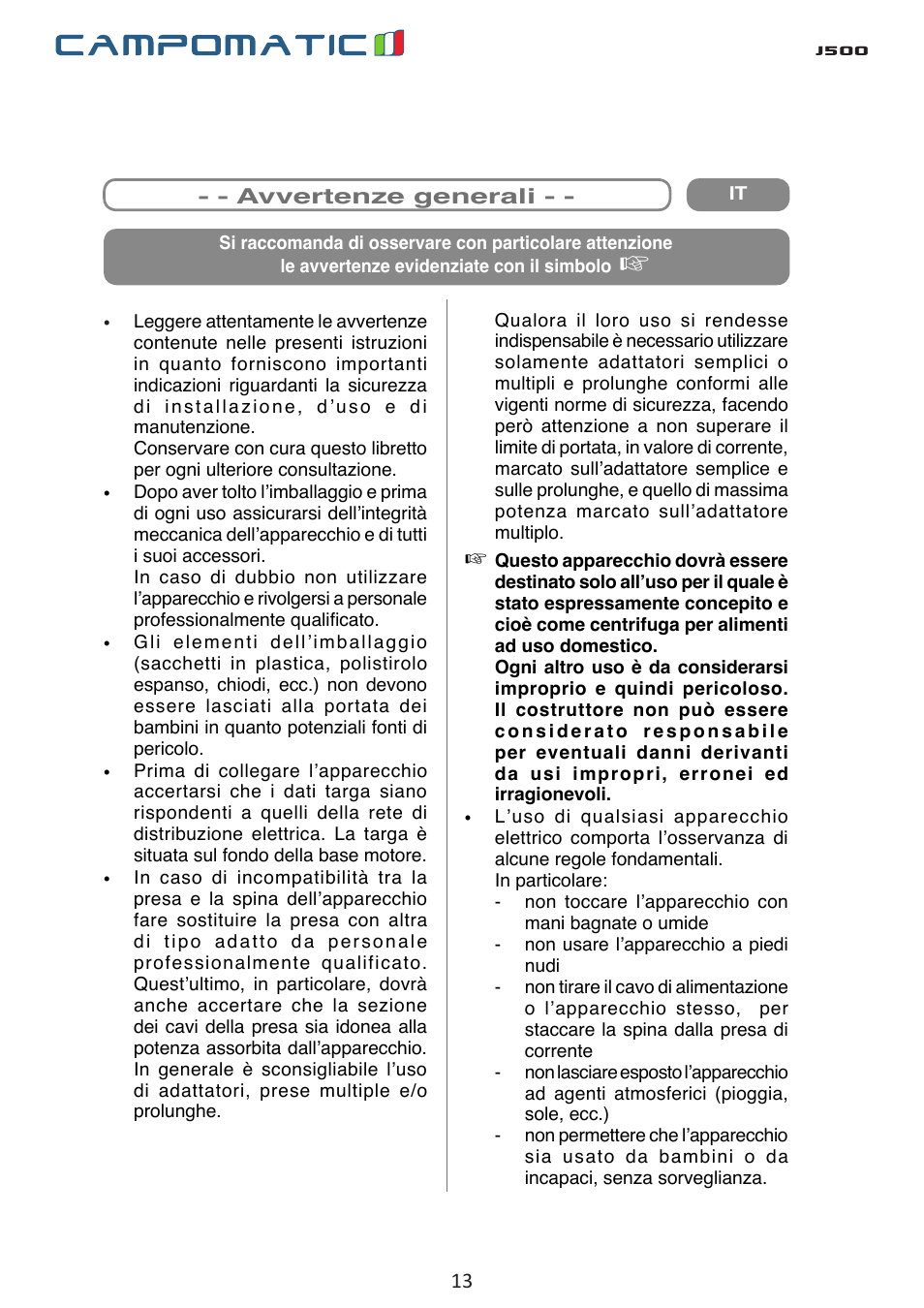 J500 | Campomatic J500 User Manual | Page 13 / 48