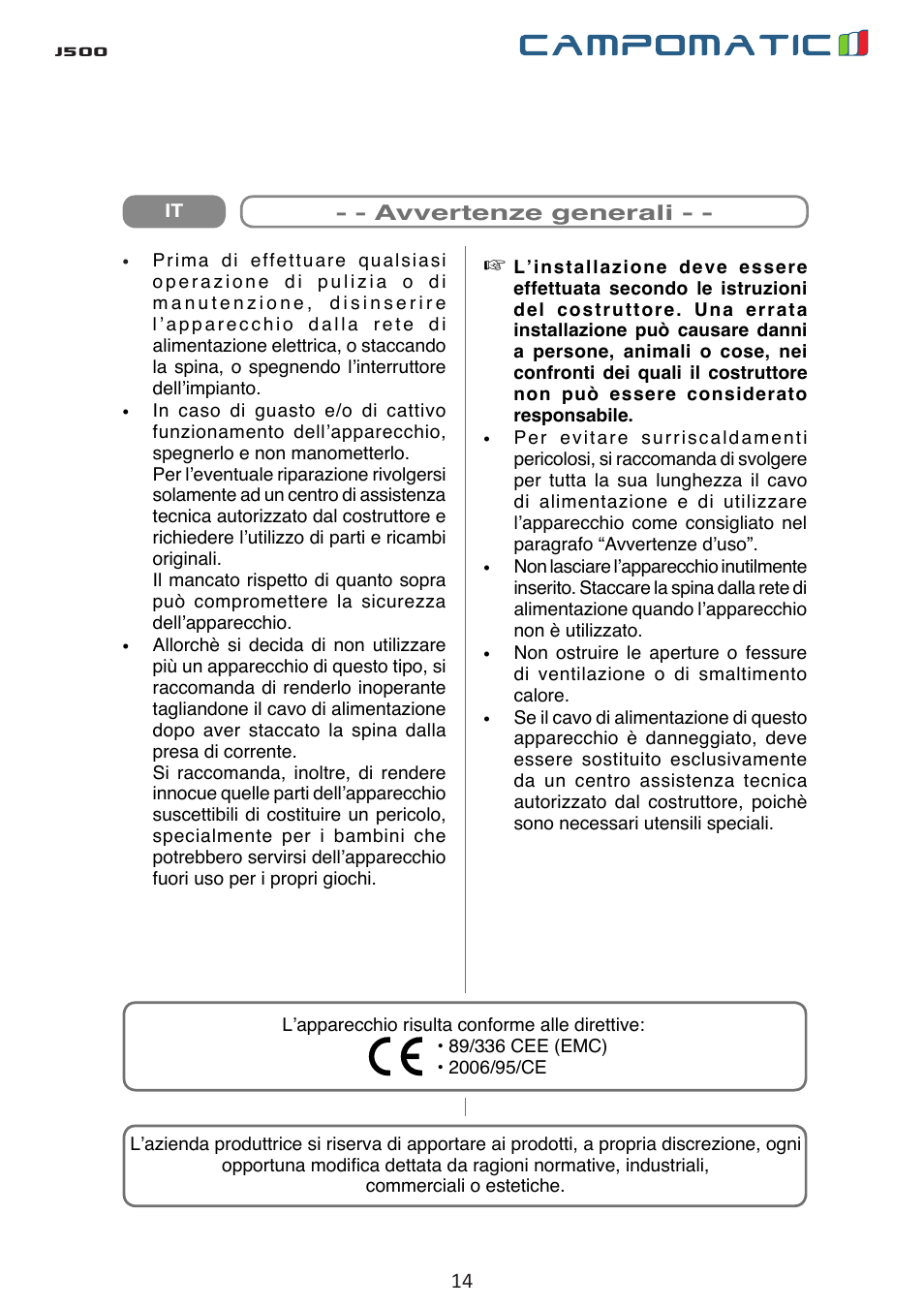 J500 | Campomatic J500 User Manual | Page 14 / 48