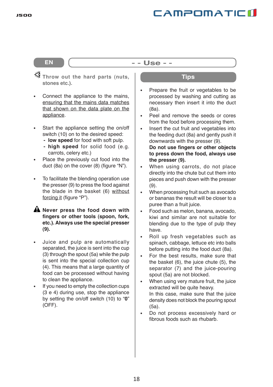 J500, Avertissements à l’utilisation, Introduction | Campomatic J500 User Manual | Page 18 / 48
