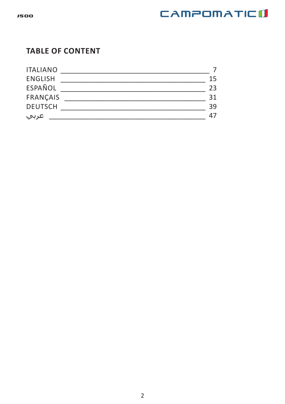 Campomatic J500 User Manual | Page 2 / 48