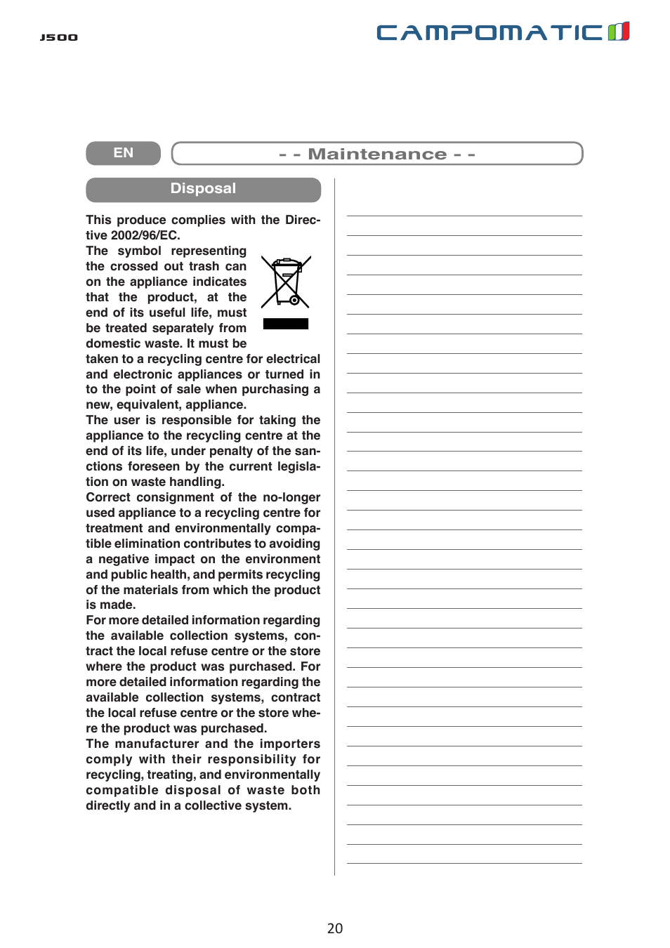 J500 | Campomatic J500 User Manual | Page 20 / 48