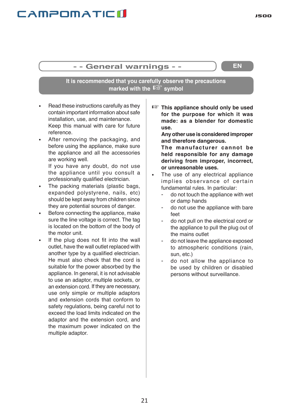 J500 | Campomatic J500 User Manual | Page 21 / 48
