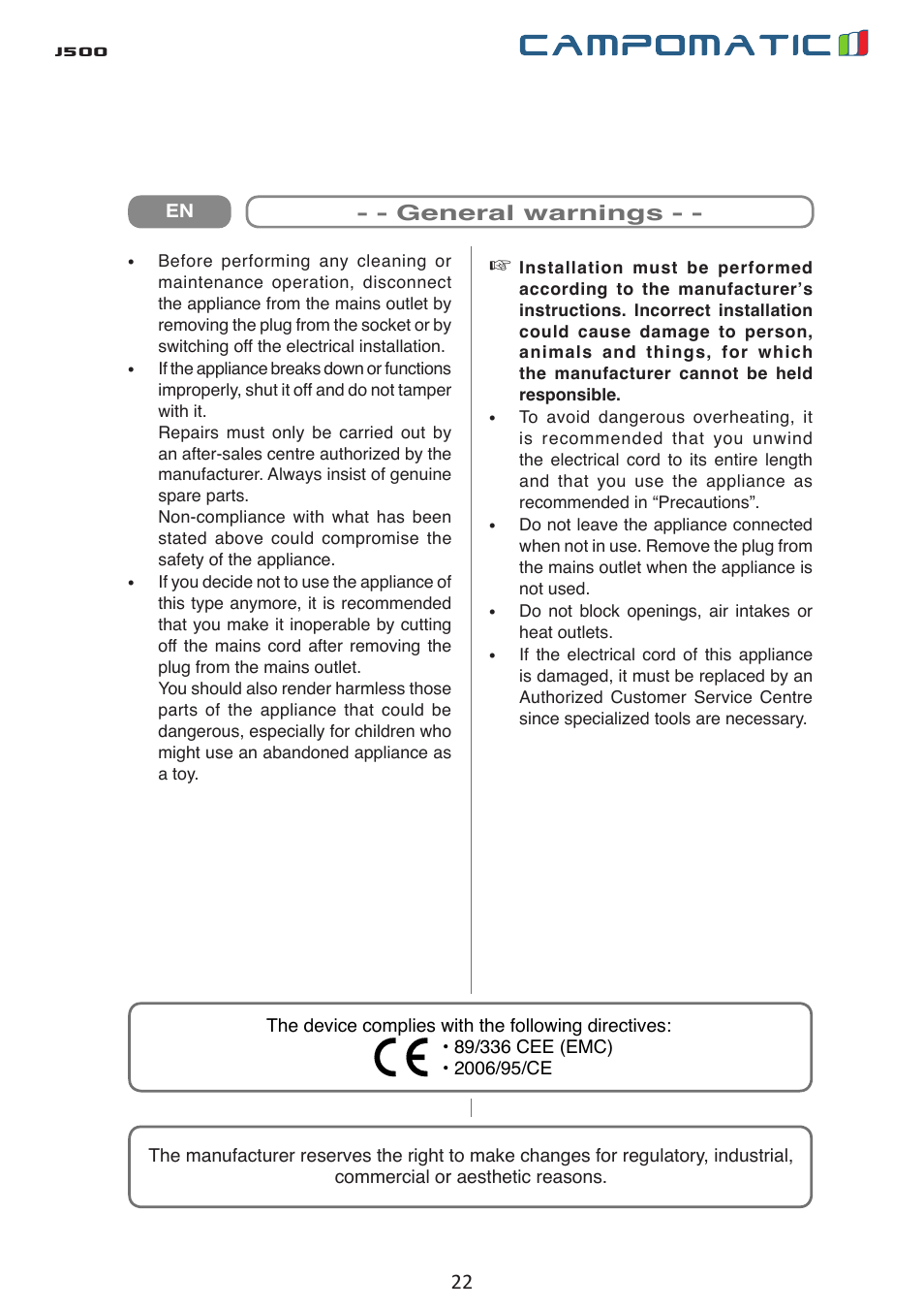 J500 | Campomatic J500 User Manual | Page 22 / 48