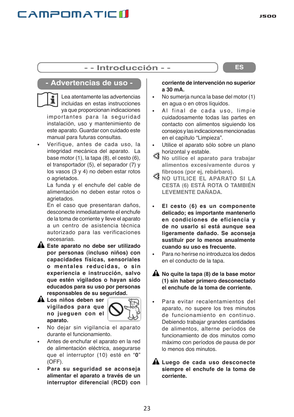J500, Advertencias de uso, Introducción | Campomatic J500 User Manual | Page 23 / 48
