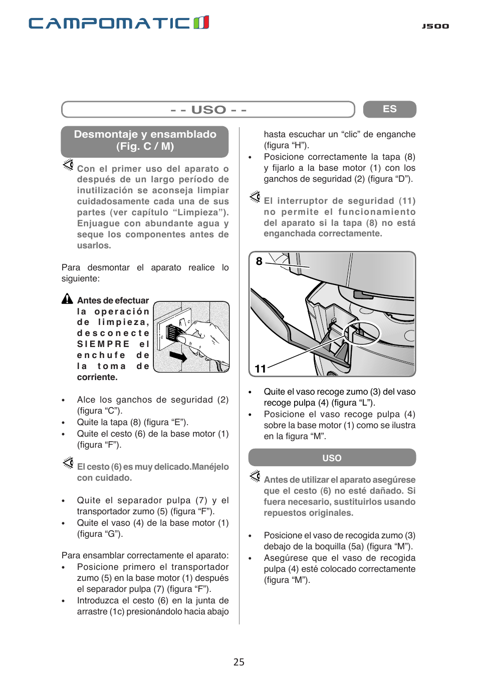 J500, Características técnicas - - - uso | Campomatic J500 User Manual | Page 25 / 48