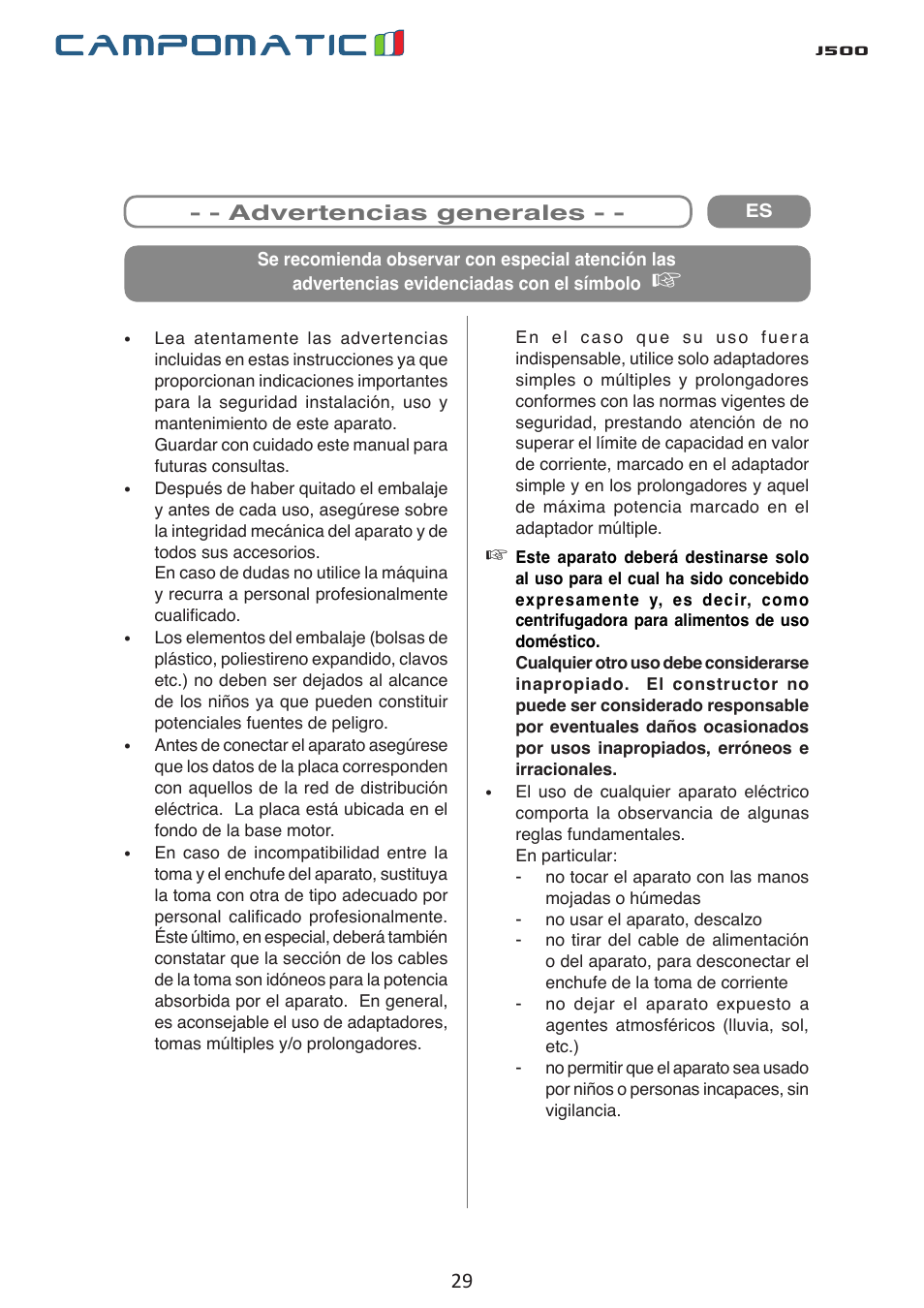 J500 | Campomatic J500 User Manual | Page 29 / 48