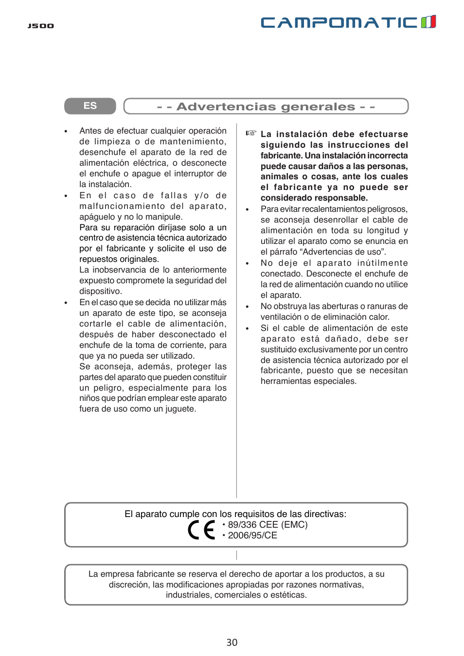 J500 | Campomatic J500 User Manual | Page 30 / 48