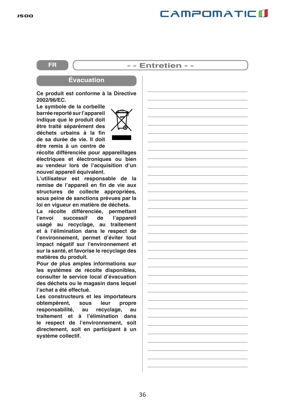 J500 | Campomatic J500 User Manual | Page 36 / 48