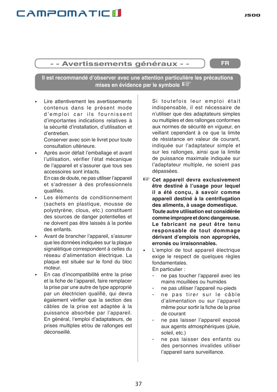 J500 | Campomatic J500 User Manual | Page 37 / 48