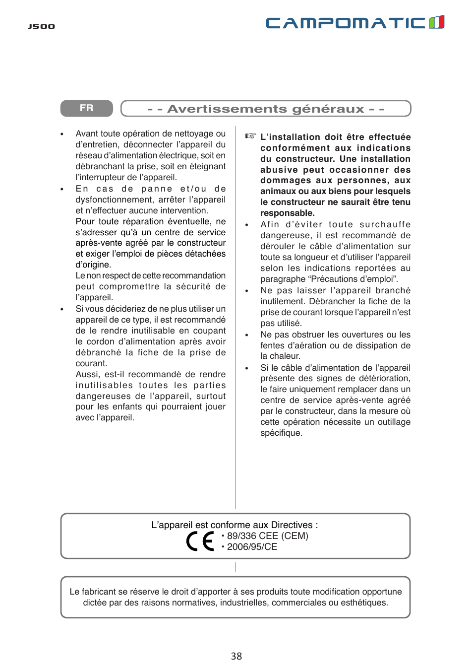 J500 | Campomatic J500 User Manual | Page 38 / 48