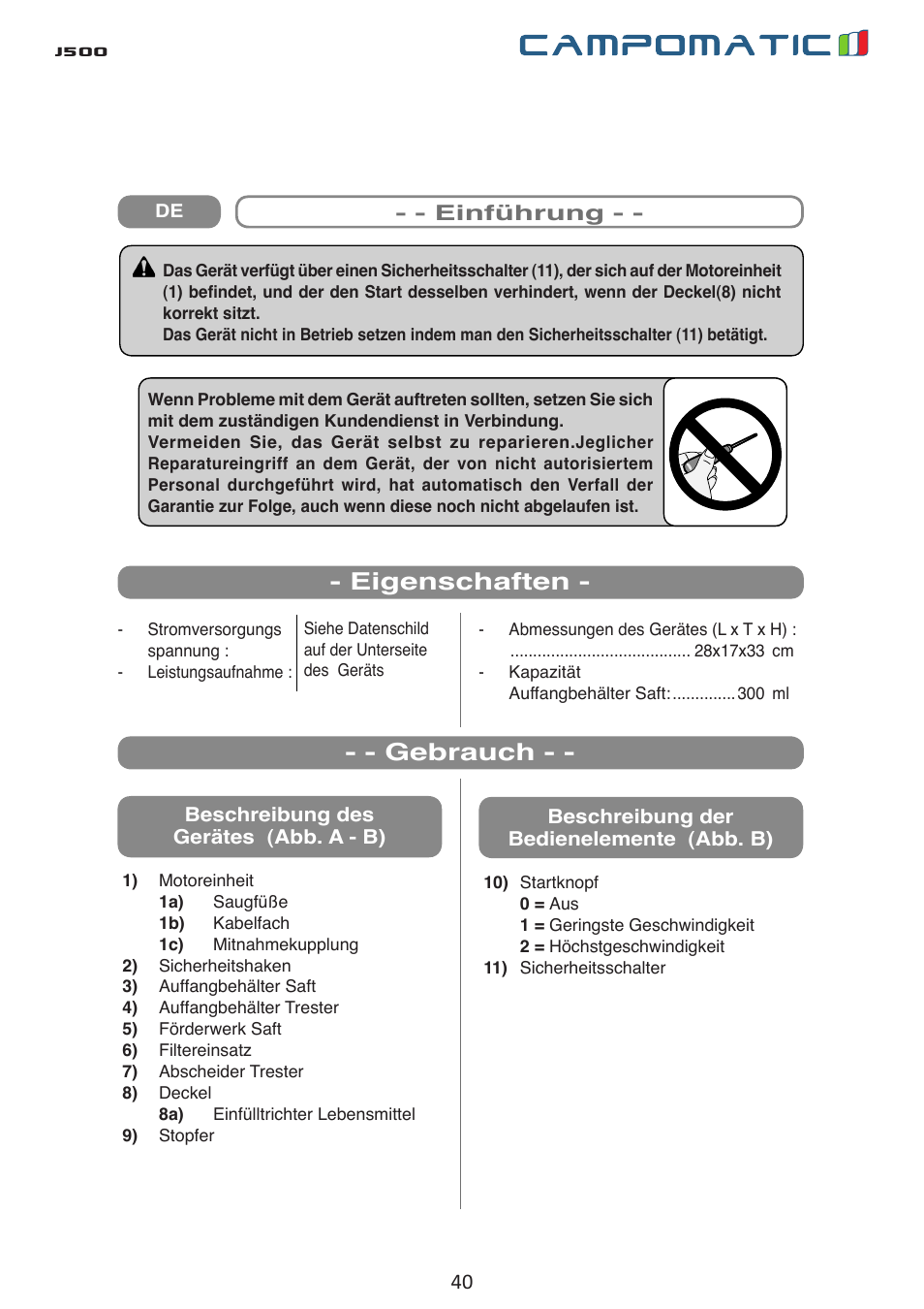 J500, Eigenschaften - - - gebrauch | Campomatic J500 User Manual | Page 40 / 48