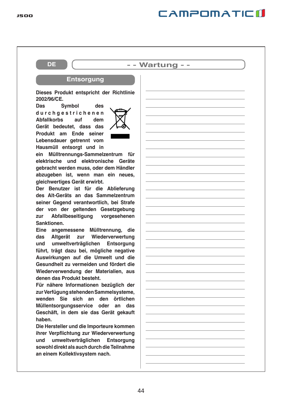 J500 | Campomatic J500 User Manual | Page 44 / 48