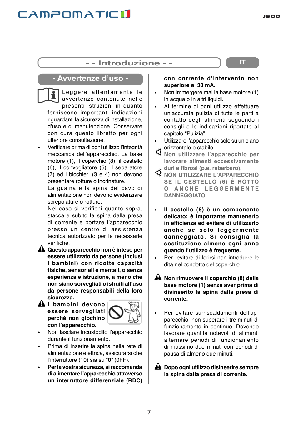 J500, Avvertenze d’uso, Introduzione | Gebrauch | Campomatic J500 User Manual | Page 7 / 48