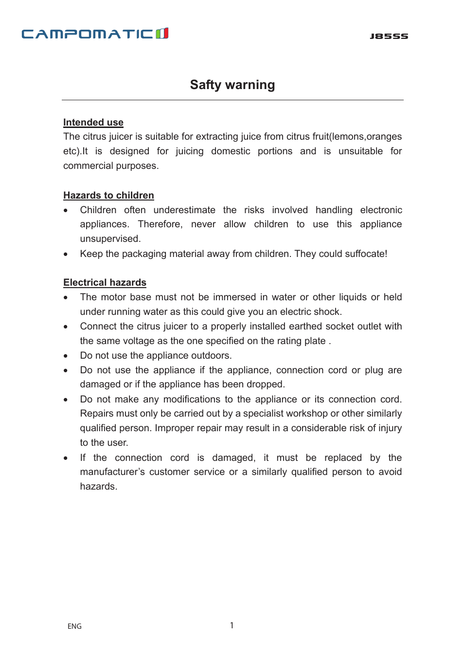 J85ss, Safty warning | Campomatic J85SS User Manual | Page 2 / 12