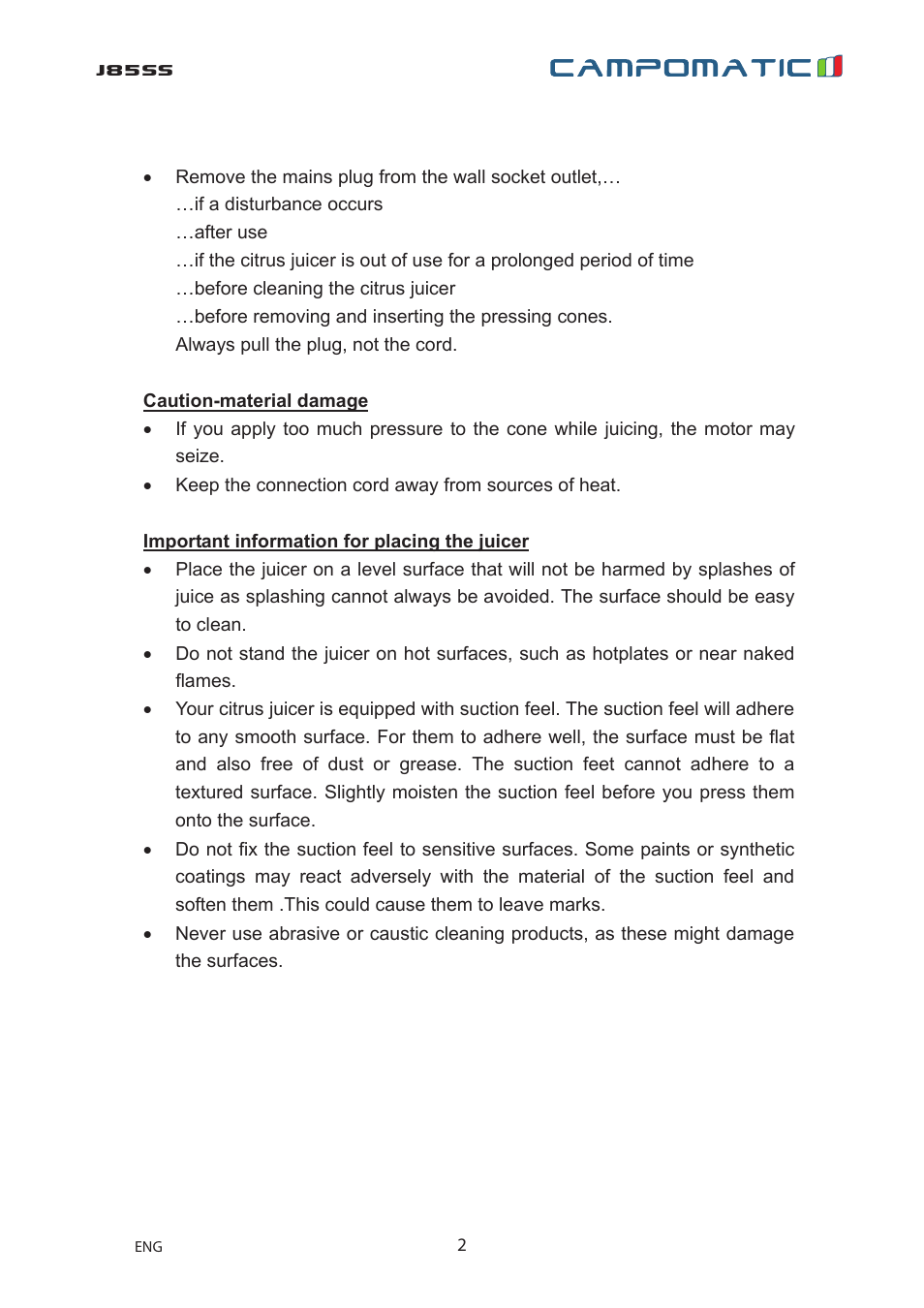J85ss | Campomatic J85SS User Manual | Page 3 / 12