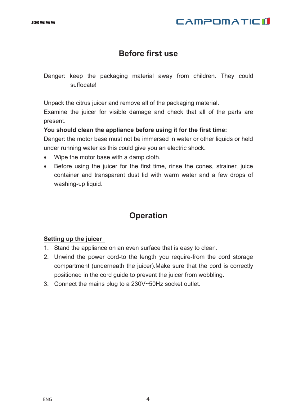 J85ss, Before ﬁrst use, Operation | Campomatic J85SS User Manual | Page 5 / 12