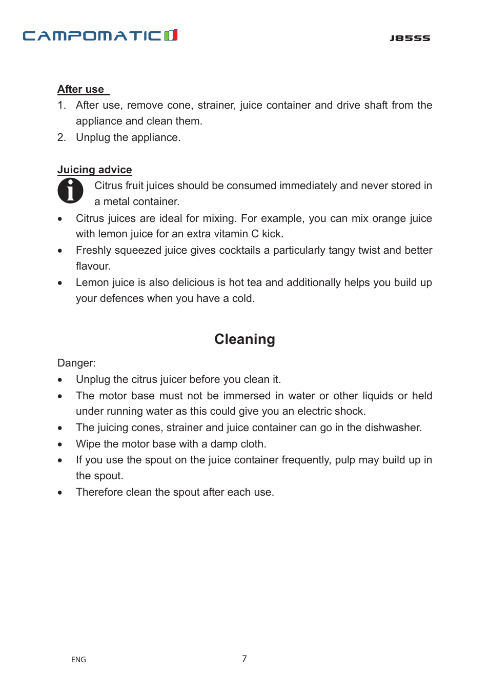 J85ss, Cleaning | Campomatic J85SS User Manual | Page 8 / 12