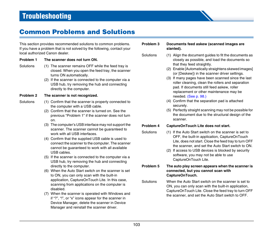 Troubleshooting, Common problems and solutions | Canon Image Formula P-215 User Manual | Page 103 / 116
