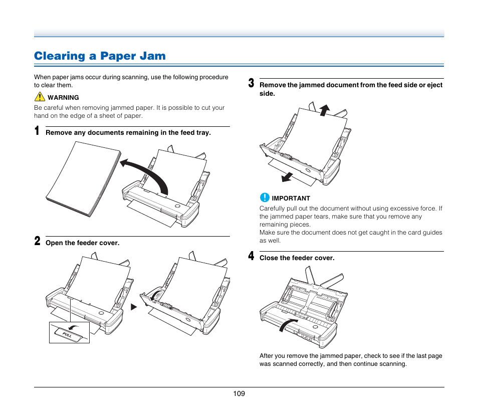 Clearing a paper jam | Canon Image Formula P-215 User Manual | Page 109 / 116