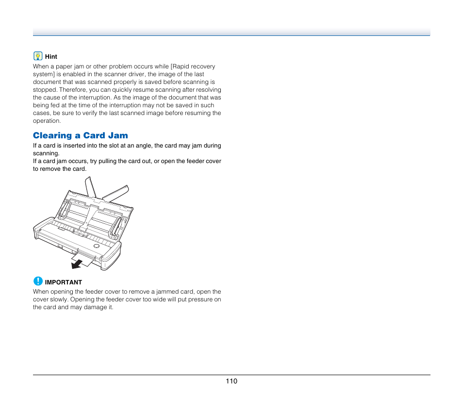 Clearing a card jam | Canon Image Formula P-215 User Manual | Page 110 / 116