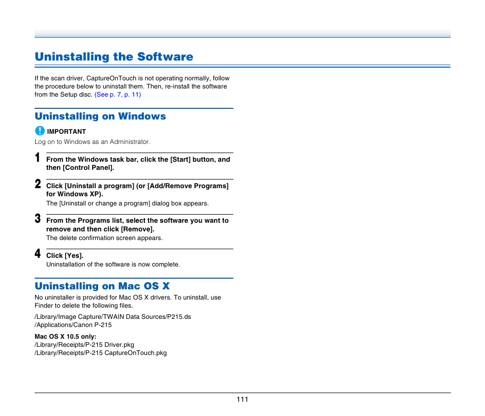 Uninstalling the software, Uninstalling on windows, Uninstalling on mac os x | Uninstalling on windows uninstalling on mac os x | Canon Image Formula P-215 User Manual | Page 111 / 116