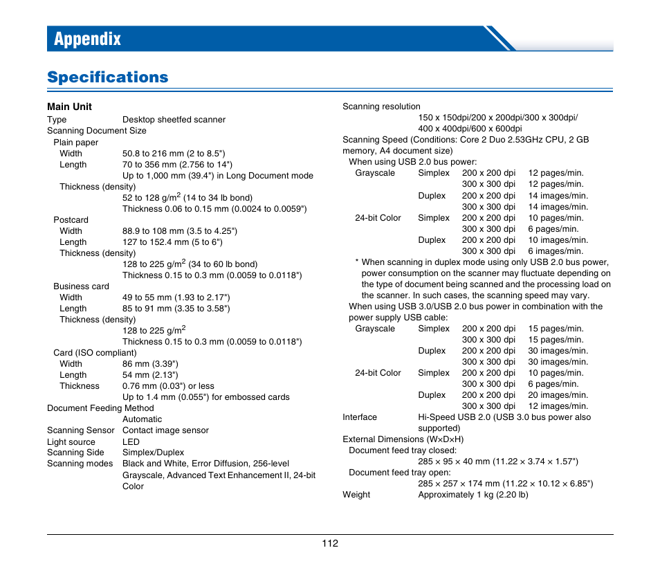 Appendix, Specifications | Canon Image Formula P-215 User Manual | Page 112 / 116