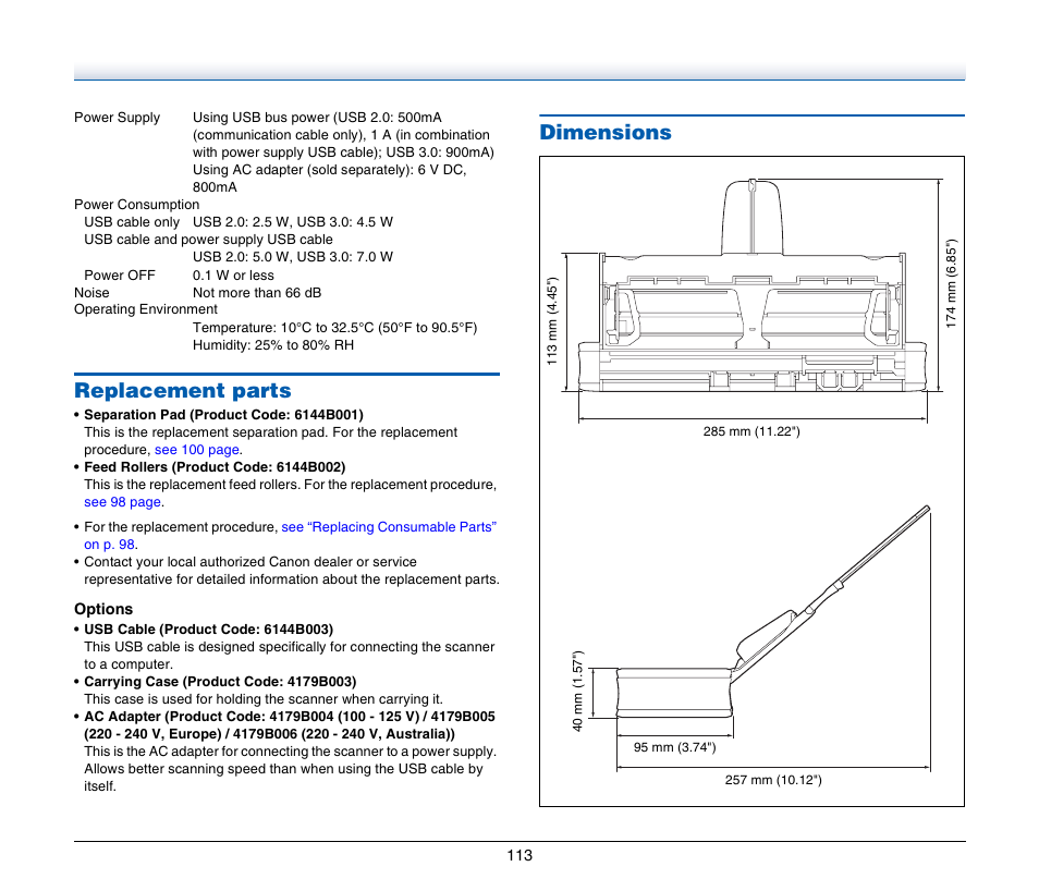 Replacement parts, Dimensions, Replacement parts dimensions | Canon Image Formula P-215 User Manual | Page 113 / 116