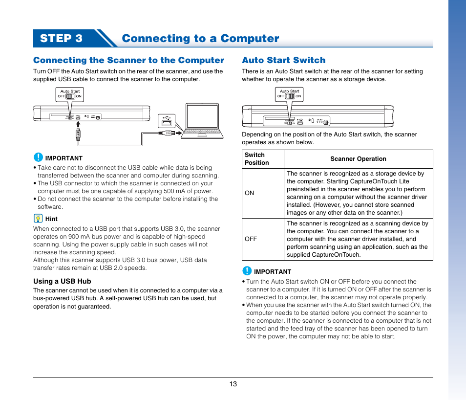Step 3 connecting to a computer, Connecting the scanner to the computer, Auto start switch | Canon Image Formula P-215 User Manual | Page 13 / 116