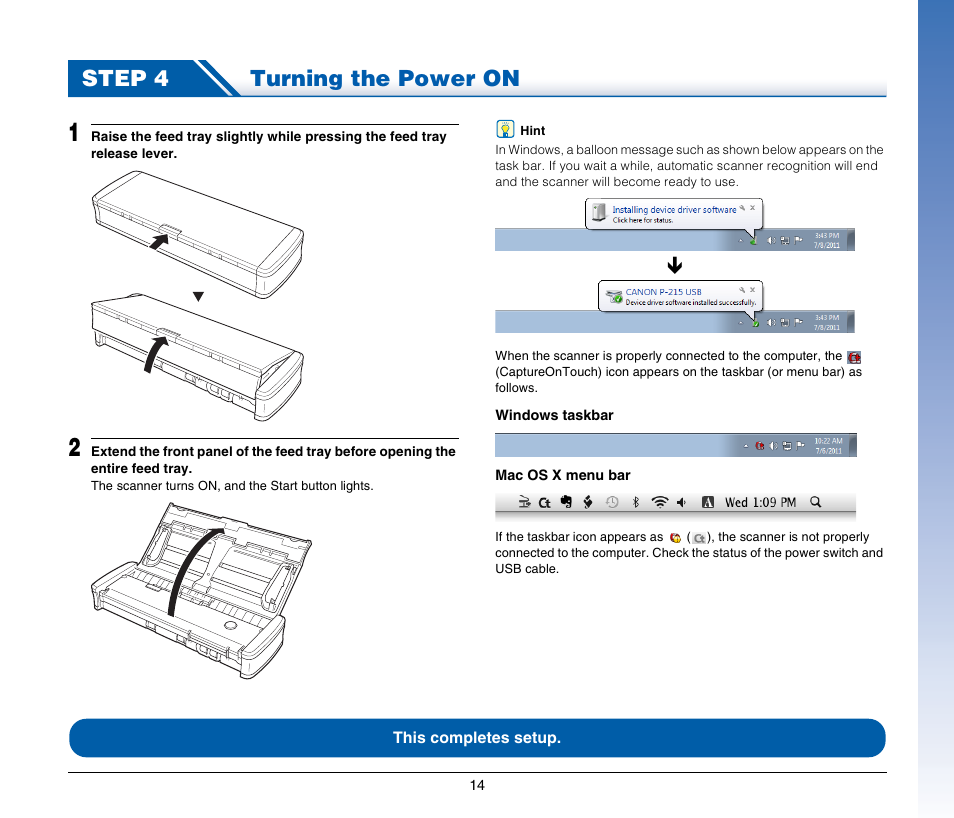 Step 4 turning the power on | Canon Image Formula P-215 User Manual | Page 14 / 116