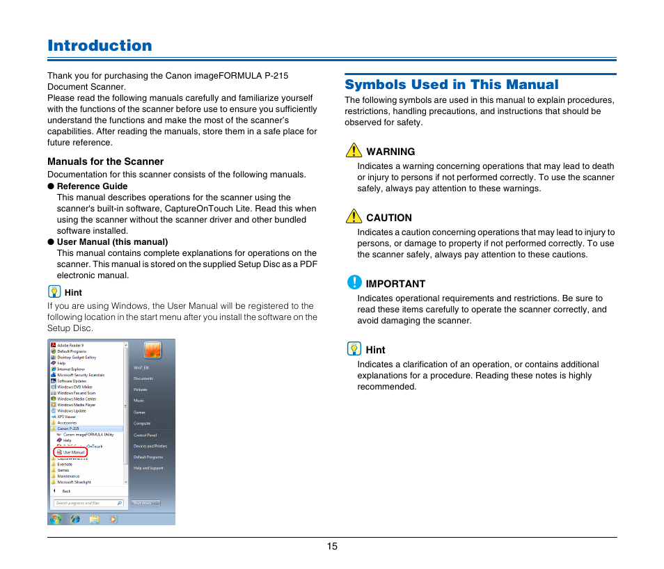 Introduction, Symbols used in this manual | Canon Image Formula P-215 User Manual | Page 15 / 116