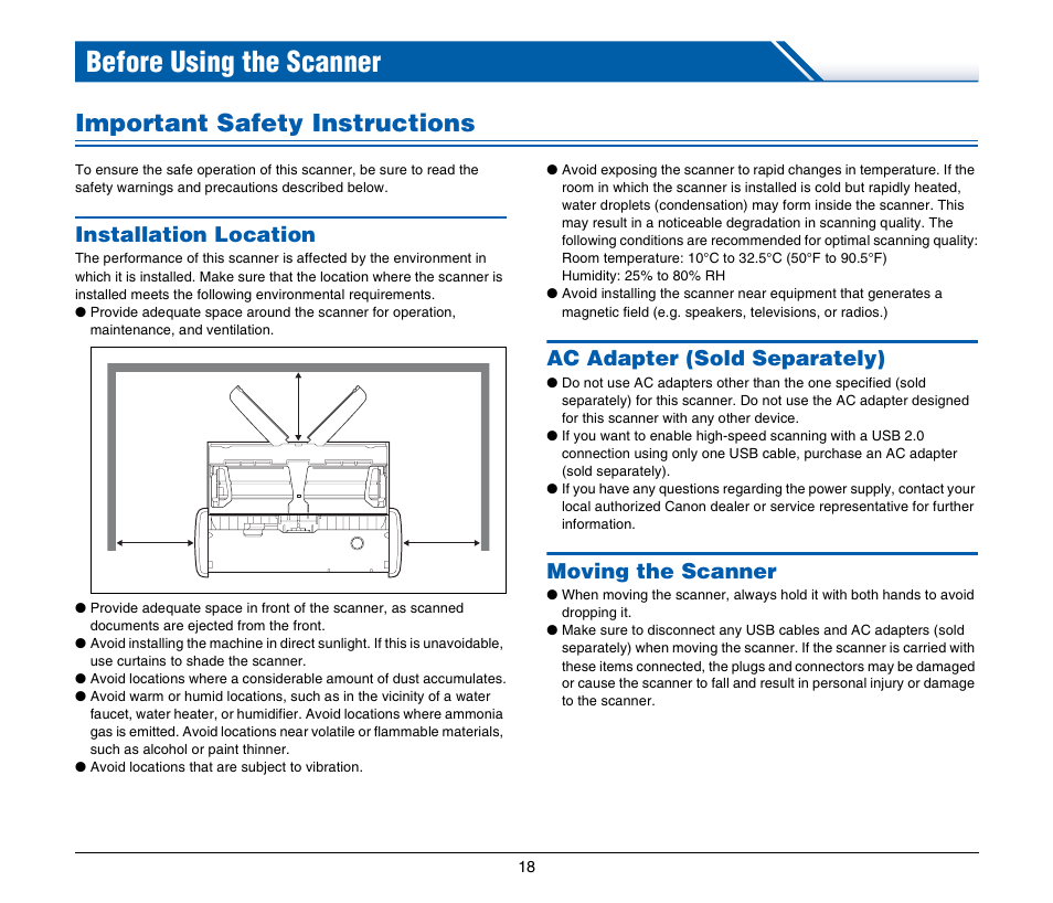 Before using the scanner, Important safety instructions, Installation location | Ac adapter (sold separately), Moving the scanner | Canon Image Formula P-215 User Manual | Page 18 / 116