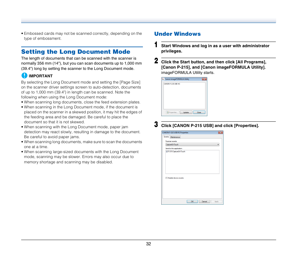 Setting the long document mode | Canon Image Formula P-215 User Manual | Page 32 / 116