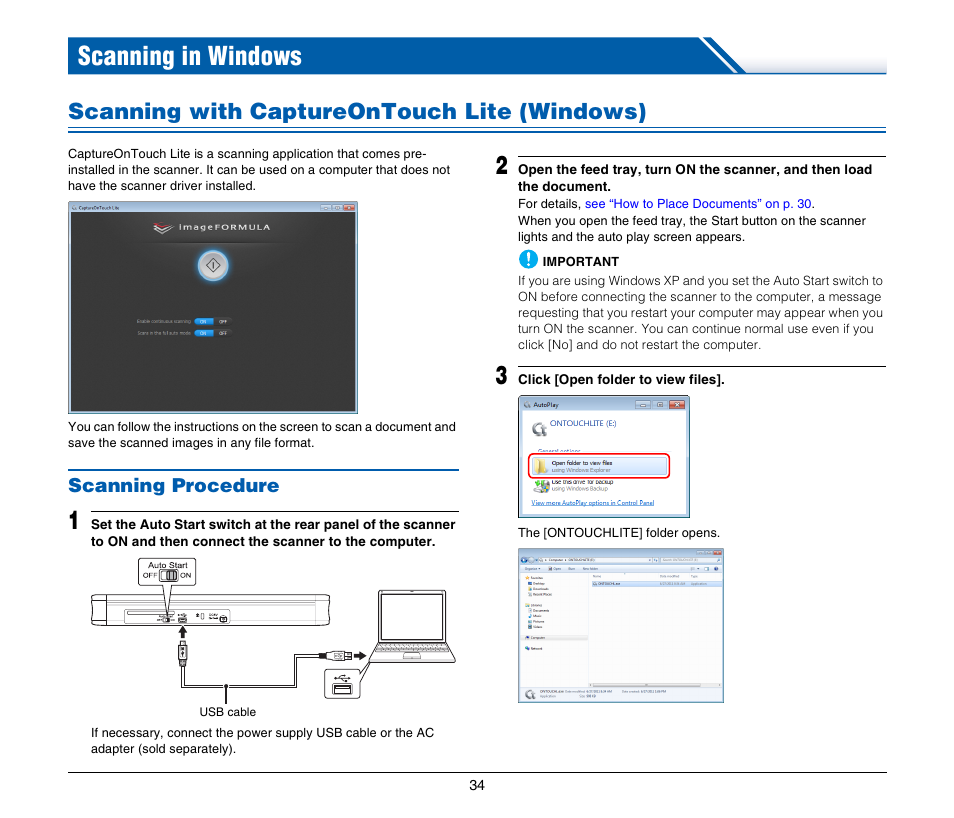 Scanning in windows, Scanning with captureontouch lite (windows), Scanning procedure | Canon Image Formula P-215 User Manual | Page 34 / 116