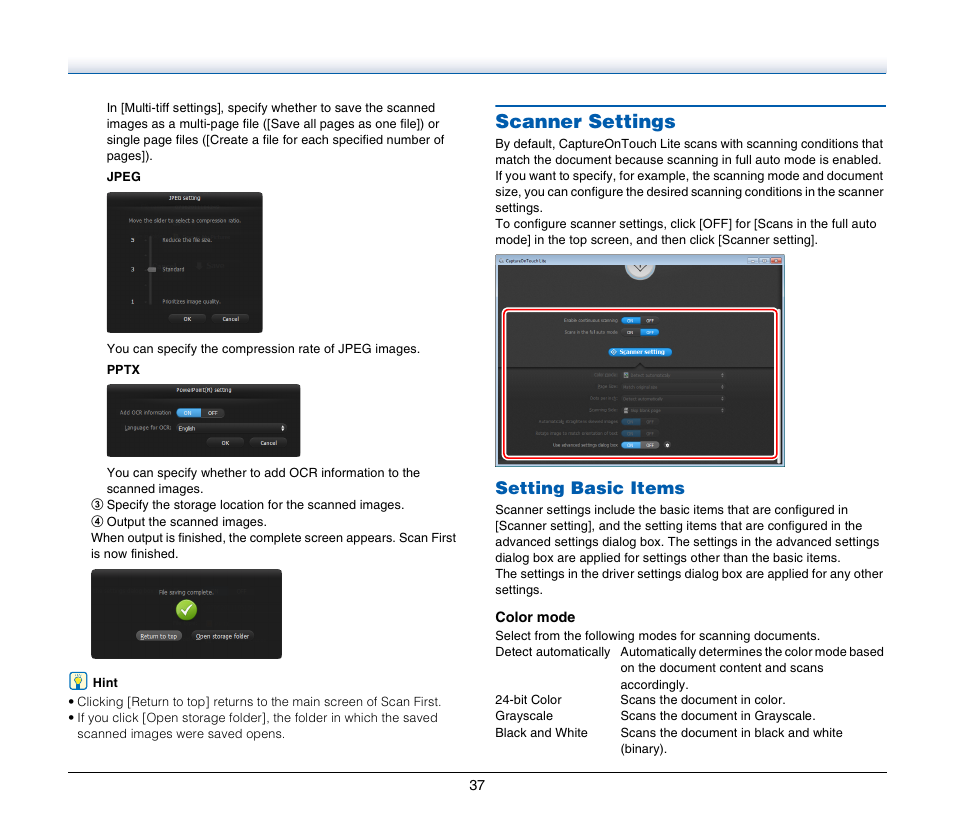 Scanner settings, Setting basic items | Canon Image Formula P-215 User Manual | Page 37 / 116